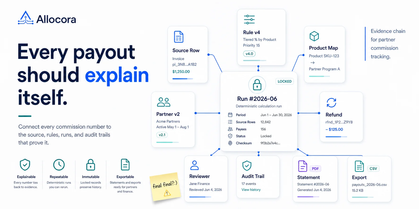 Editorial illustration of partner commission tracking with versioned rules, calculation runs, and a secure audit trail.