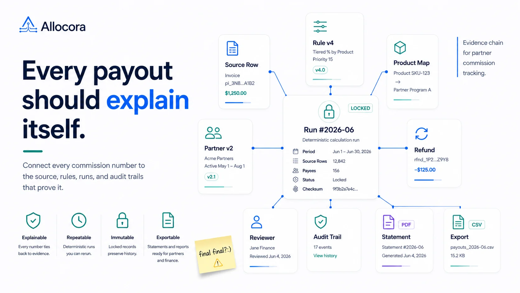 Editorial ihttps://allocora.sfo3.digitaloceanspaces.com/blog-images/every-payout-should-explain-itself-6a315a36cf178.webpllustration of partner commission tracking with versioned rules, calculation runs, and a secure audit trail.