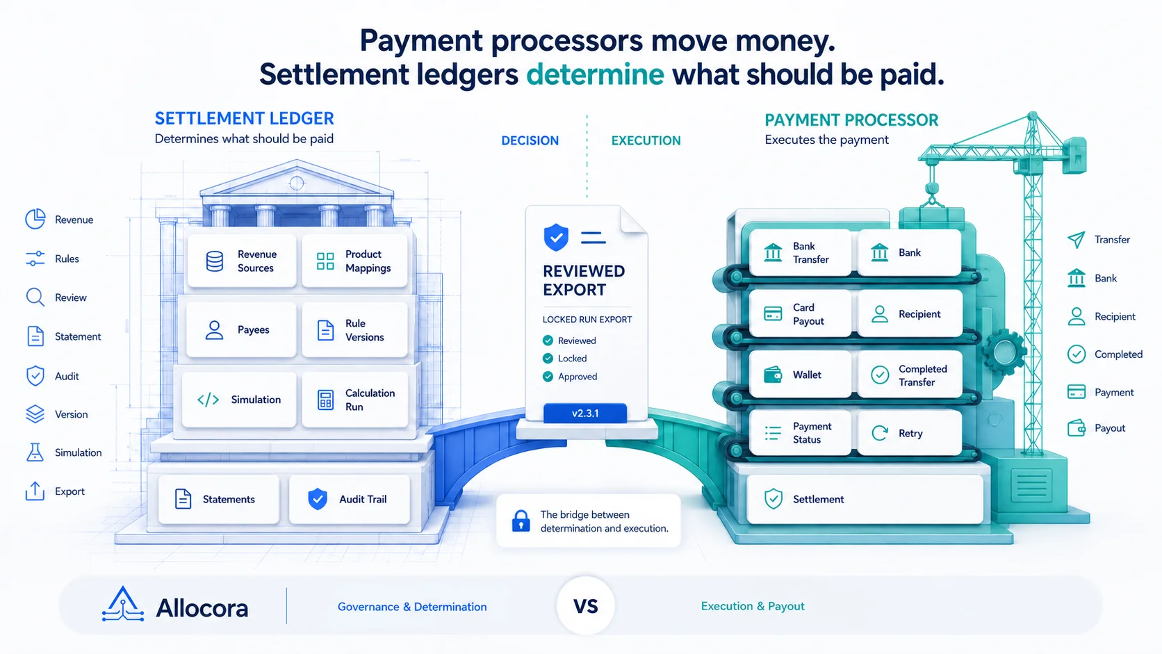 Editorial illustration comparing payment processor rails with a structured settlement ledger and reconciliation checkpoints.