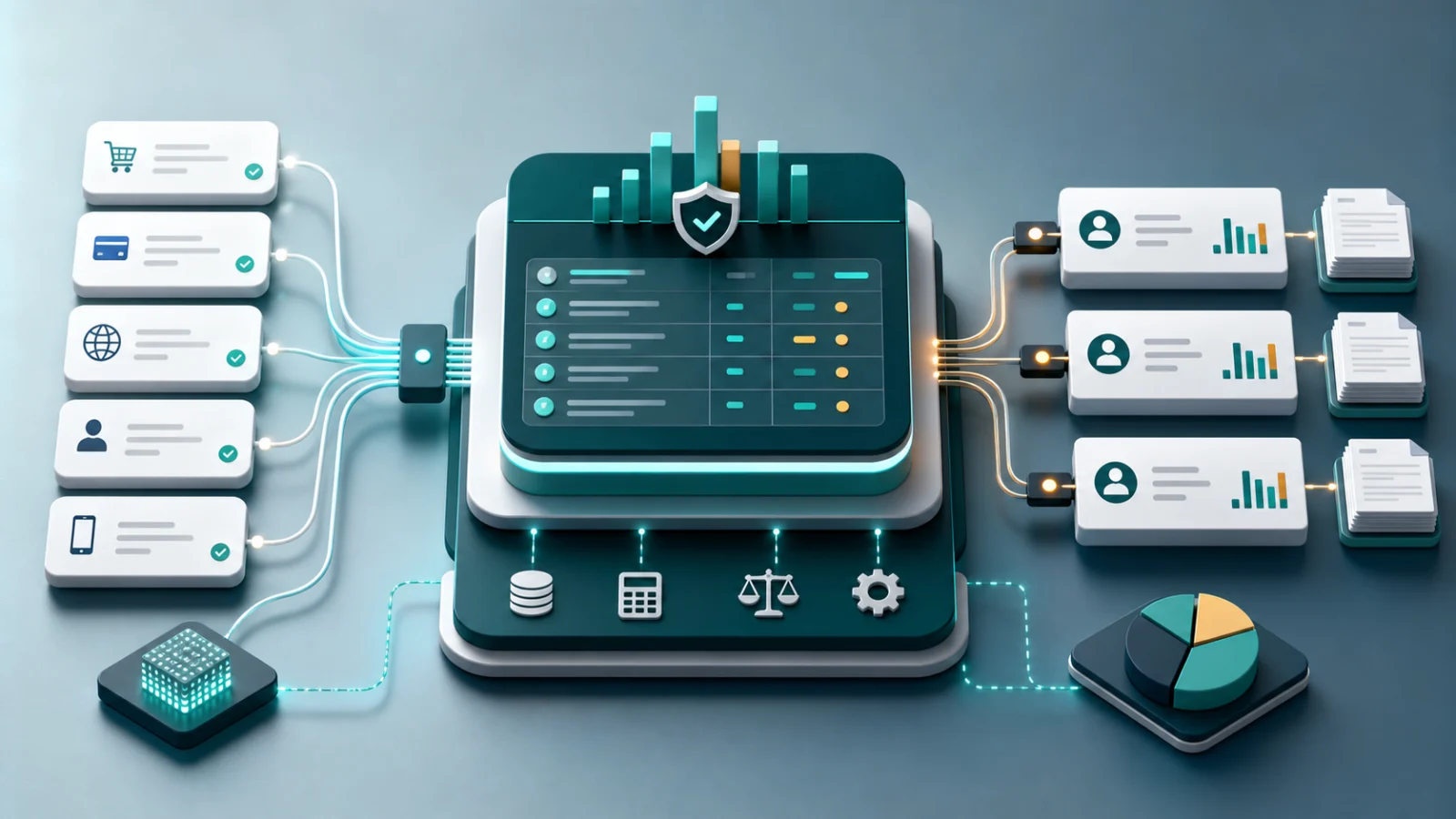 Editorial illustration of payment event data flowing into an independent affiliate commission automation ledger and partner outputs.